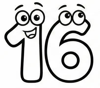 a drawing of a number 16 with eyes.webp